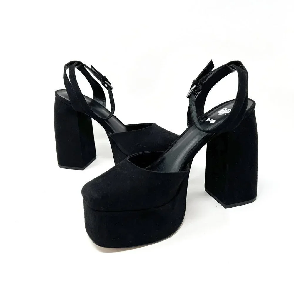 NEW BP Danni Platform Pumps Women's 8.5 Black Square Toe Chunky Heel Ankle Strap